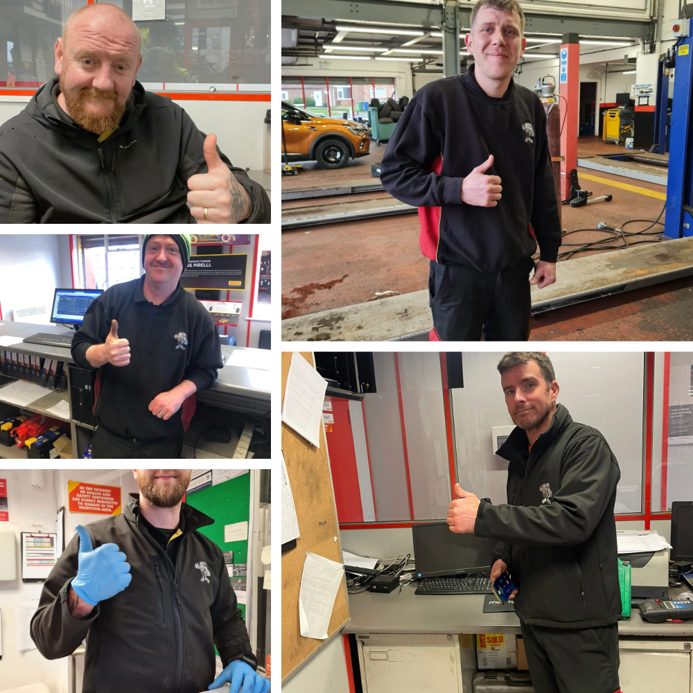 Collage of Halfords team members giving thumbs up during infrastructure upgrade