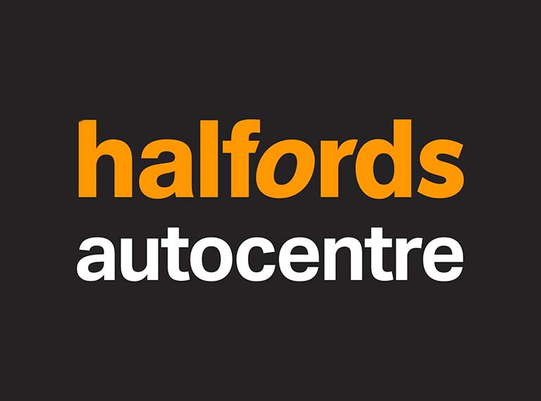Halfords Autocentre logo in orange and white on black background